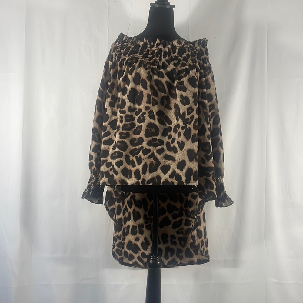 Off the shoulder leopard print , high low, top, tunic, size Large, lightweight